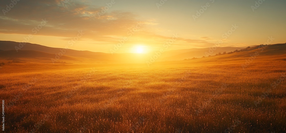 Golden hour over vast grassy field with rolling hills and setting sun Golden hour over vast grassy field with rolling hills and setting sun