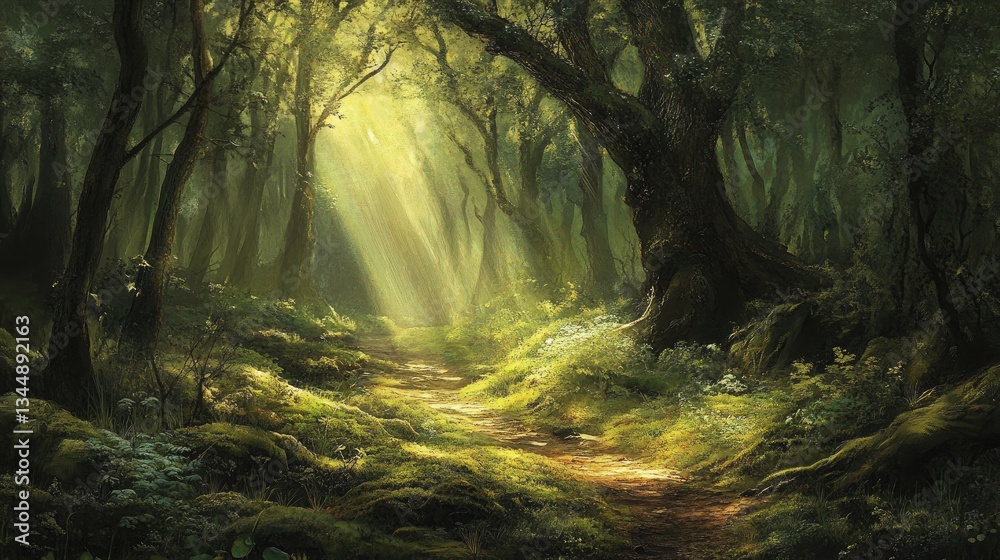 Fototapeta premium Enchanted Forest Scene with Sunlight Filtering through Trees and Soft Green Moss Carpet on the Ground