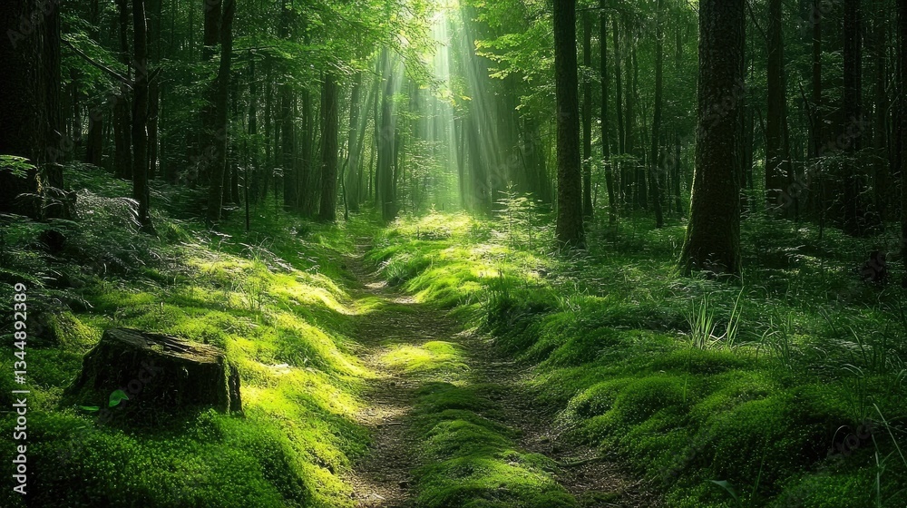 Obraz premium Serene Pathway Through Lush Green Forest with Sunlight Streaming Down Amidst Dense Foliage