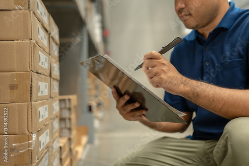 Warehouse worker wearing a hat and black shirt checking quality by clipboard on tall shelves in warehouse storage. Asian auditor or staff work looking up stock taking inventory in warehouse store.