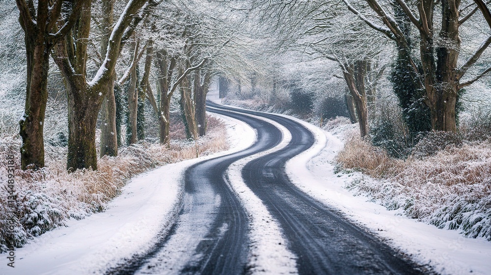 Winding Snowy Road Through Dense Winter Forest Landscape Winding Snowy Road Through Dense Winter Forest Landscape