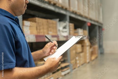 Warehouse worker wearing a hat and black shirt checking quality by clipboard on tall shelves in warehouse storage. Asian auditor or staff work looking up stock taking inventory in warehouse store.