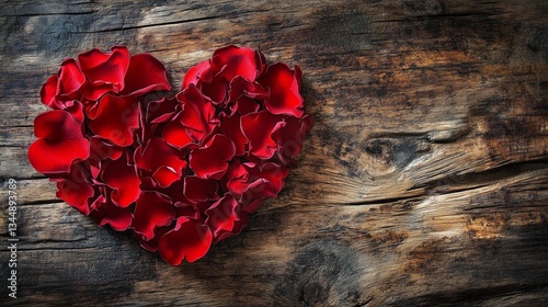 Red Rose Petals Forming a Heart Shape on a Rustic Wooden Table