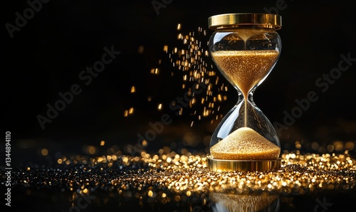Elegant hourglass with golden sand and sparkling particles on dark background
