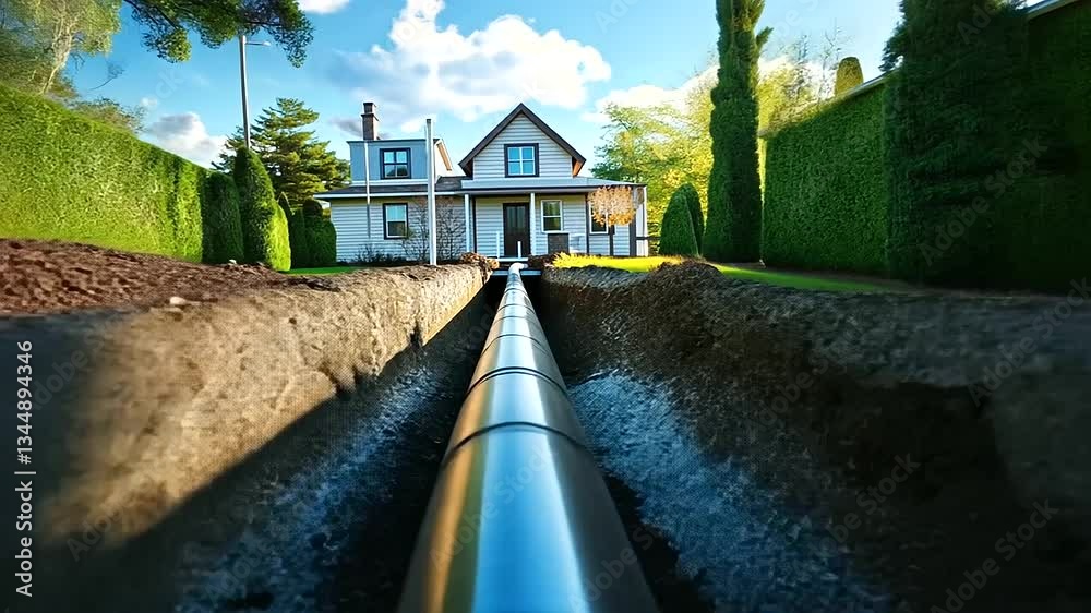 A detailed underground view of plumbing pipes running to a septic tank, with a completed house visible above.