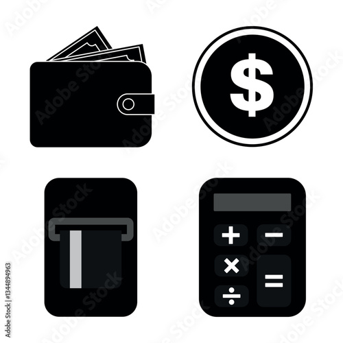 Money, wallet, bank card, ATM, calculator icon design