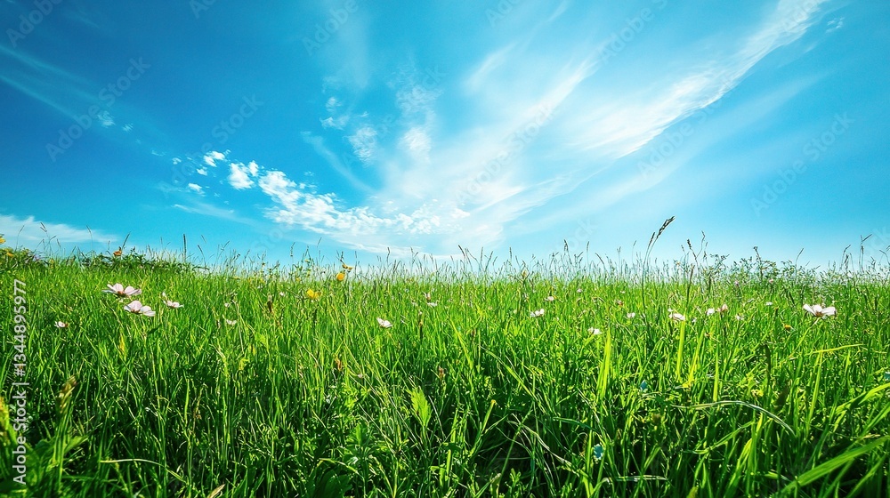 Breathtaking Spring Field with Long Green Grass Under Clear Blue Sky Breathtaking Spring Field with Long Green Grass Under Clear Blue Sky