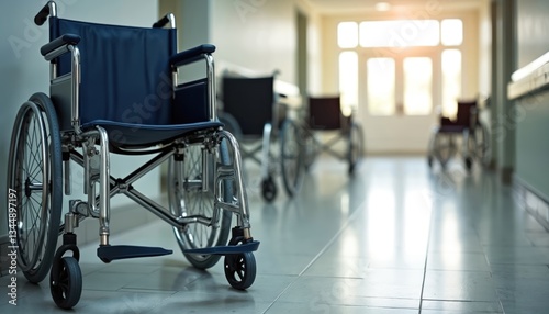 Wheelchairs in hospital corridor with tiled floor. Mobility support, accessibility solution for patients. Medical equipment, transport chair for disabled. Healthcare assistance, independence,