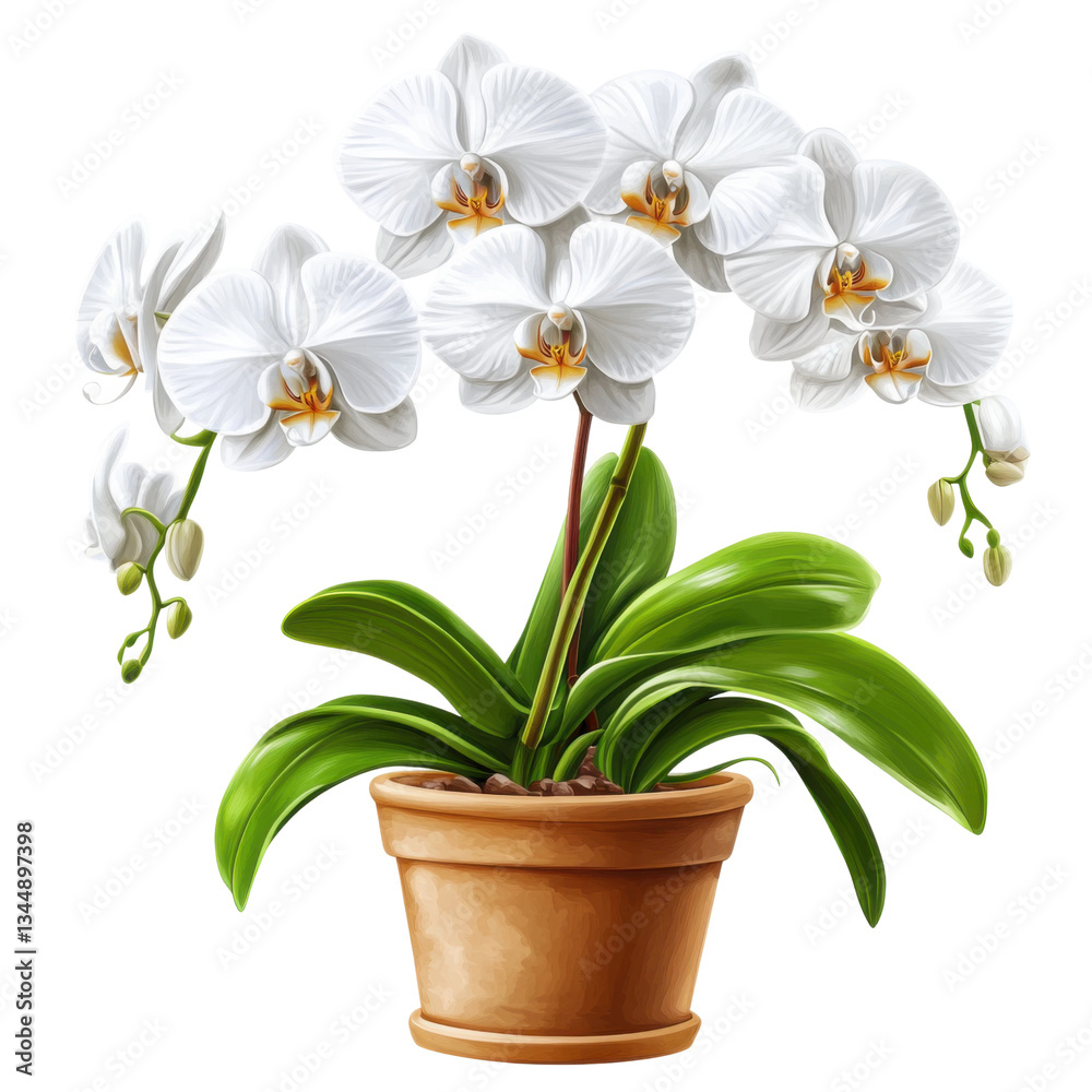 Naklejka premium Blooming white orchids in a pot indoor decorative plants close-up