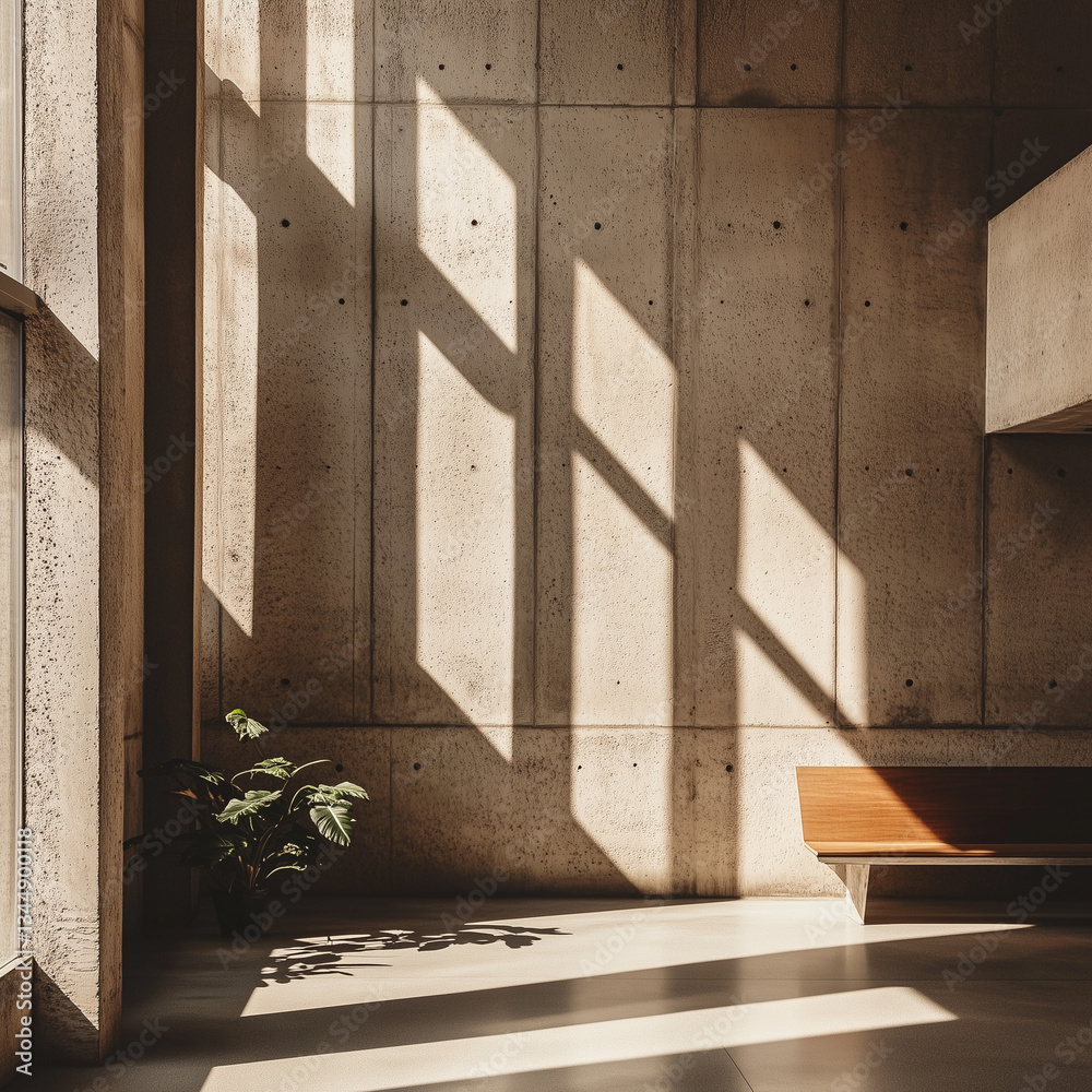 Brutalist concrete interior style with a play of light and shadow in a minimalist space, architectural photography