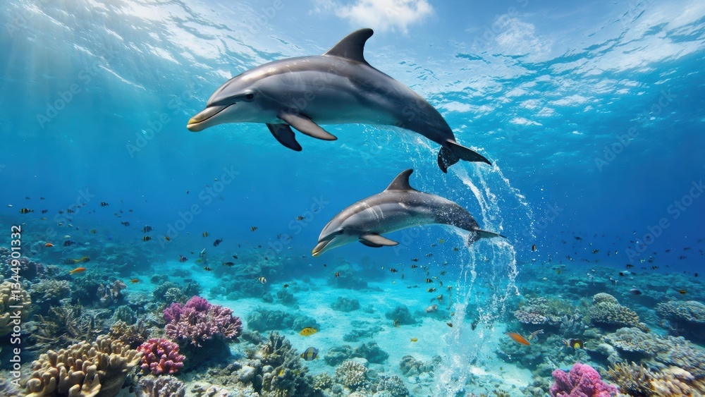Naklejka premium Dolphins swimming joyfully above a colorful coral reef.