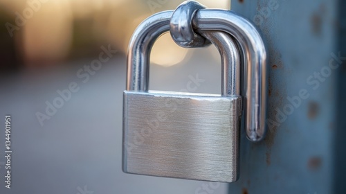 Padlock secures gate, blurred city