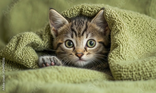 Adorable kitten peeking from cozy green blanket with big expressive eyes