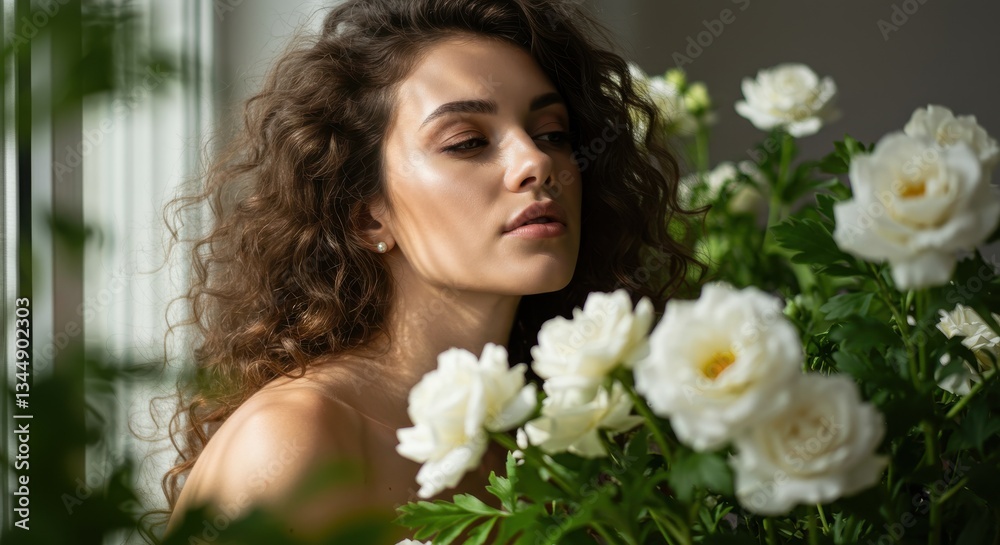 Portrait of a woman with curly hair and white roses in a soft light indoor environment setting Portrait of a woman with curly hair and white roses in a soft light indoor environment setting