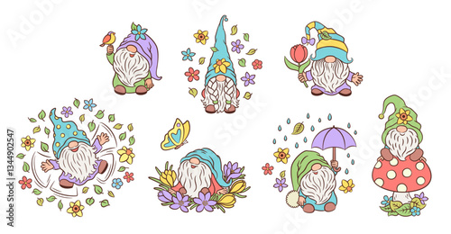 Cute garden gnomes spring clipart. Fun character set cartoon vector illustration. Scandinavian dwarf adorable creature. Cottage core collection for springtime greeting card, placement print.