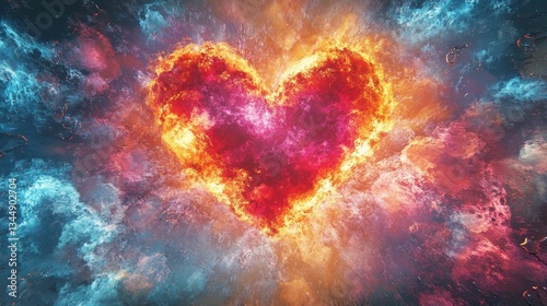 Fiery Heart Surrounded By Colorful Swirling Clouds and Nebulae