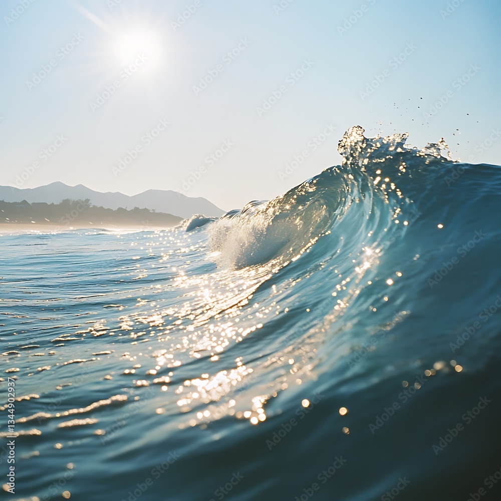 Obraz premium A photograph of an ocean wave, taken from the water's edge with sunlight reflecting off its surface