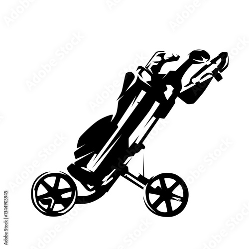Manual golf trolley with bag, push golf cart, isolated vector silhouette. High contrast clip art