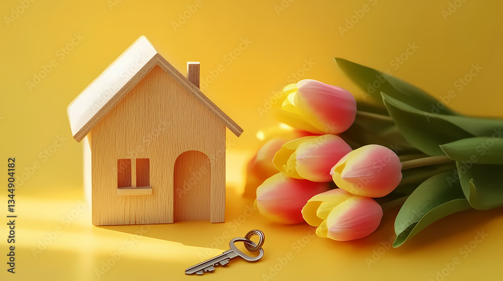 Cozy House and Tulips with Key