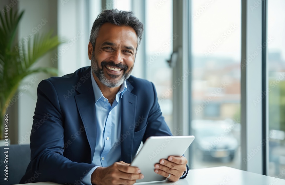 Happy mid age Indian business man using tablet looking at camera. Professional successful ceo holding device, sitting at desk in the office. Corporate executive employee in suit at workplace. Happy mid age Indian business man using tablet looking at camera. Professional successful ceo holding device, sitting at desk in the office. Corporate executive employee in suit at workplace.