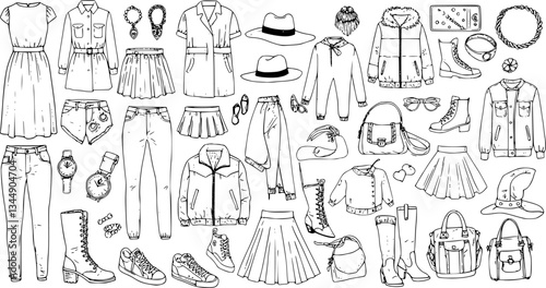 set of Big hand drawn collection of trendy clothes, shoes and accessories. Look Book. Isolated.
