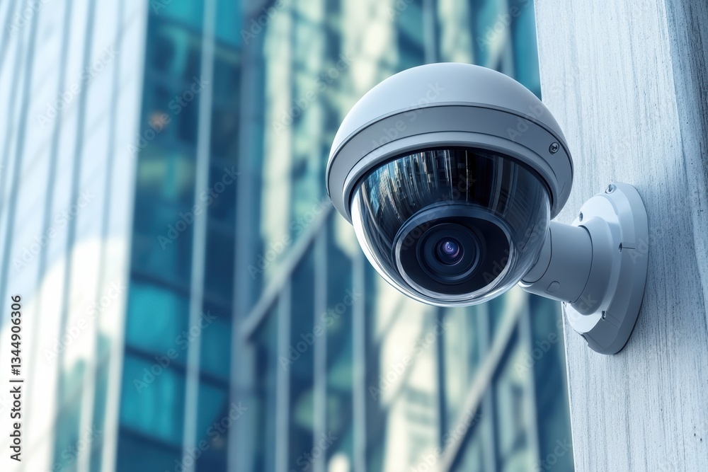 Modern CCTV security camera monitoring building exterior in urban setting Modern CCTV security camera monitoring building exterior in urban setting