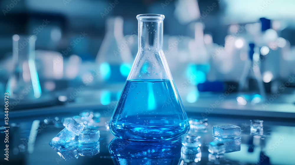 Conical Flask with Blue Liquid and Ice