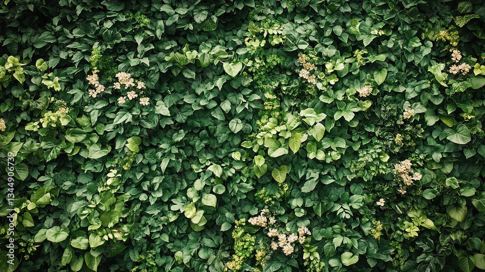 Lush Green Wall of Foliage with Intertwining Leaves and Flowers Lush Green Wall of Foliage with Intertwining Leaves and Flowers