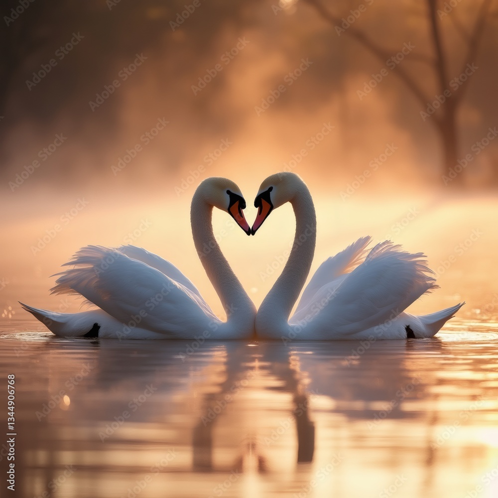 Fototapeta premium Two elegant swans form a heart shape with their necks on a serene, misty lake