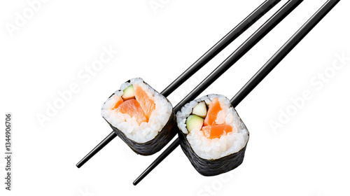 Black chopsticks holding sushi isolated on transparent background --ar 16:9