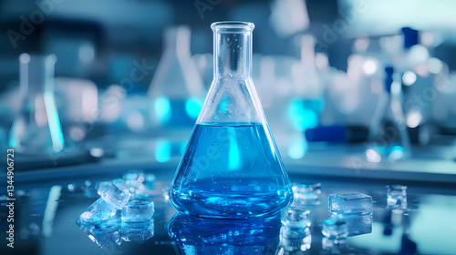 Obraz na płótnie Conical Flask with Blue Liquid and Ice w salonie