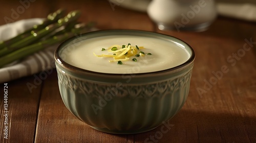 asparagus soup with artistic garnish and swirl of cream