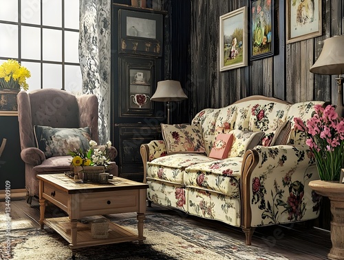 Vintage Floral Sofa, Rustic Room, Cottagecore Decor, Antique Chair, Wooden Coffee Table