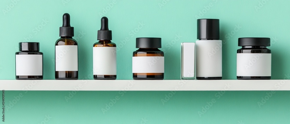 Fototapeta premium Various bottles and jars arranged on a clean white shelf