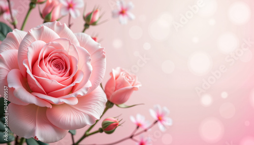 Blooming pink roses with delicate petals against a soft background  