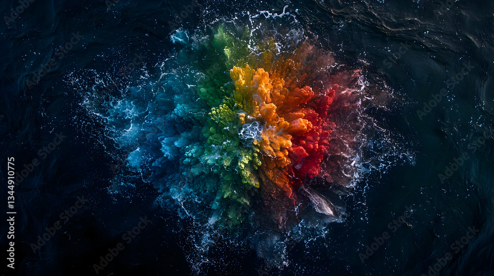 Fototapeta premium Abstract Explosion Of Rainbow Colors Water Splash Against Dark Blue Surface Illustrating Energy And Dynamic Motion