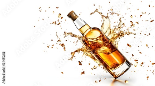 Whiskey Bottle Splashing Liquid Amber Drink