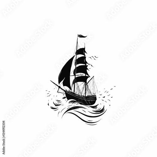 Minimalist Sailing Ship at Sea