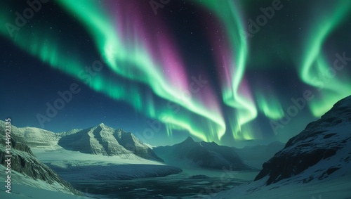 A majestic explosion of vibrant Northern Lights illuminates the night sky above a snow-capped mountain range, 