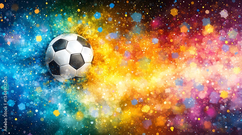 Fototapeta premium A soccer ball exists surrounded by a colorful artistic painted background