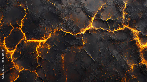 Fototapeta Naklejka Na Ścianę i Meble -  Luminous veins of fiery light fracturing a deep, dark surface, creating a striking abstract background and wallpaper. Mystic Fracture. Illustration