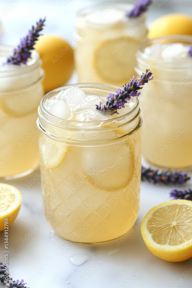 Refreshing lavender lemonade served in mason jars with lemon slices and floral garnishes during a sunny outdoor gathering in spring Refreshing lavender lemonade served in mason jars with lemon slices and floral garnishes during a sunny outdoor gathering in spring