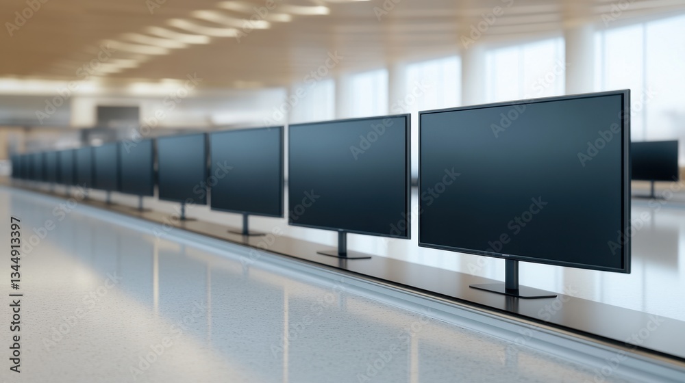 Row of blank computer monitors in a bright room, modern displays on a conveyor belt, sleek design in a tech setting. Row of blank computer monitors in a bright room, modern displays on a conveyor belt, sleek design in a tech setting.