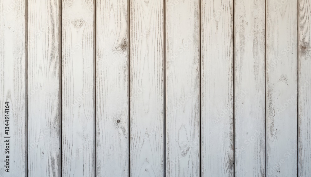 Naklejka premium Weathered whitewashed wooden fence texture. Rough wood background of white panels, planks. Rustic grain, distressed finish, antique look. Shabby chic aged surface with chips, peeling paint. Vertical