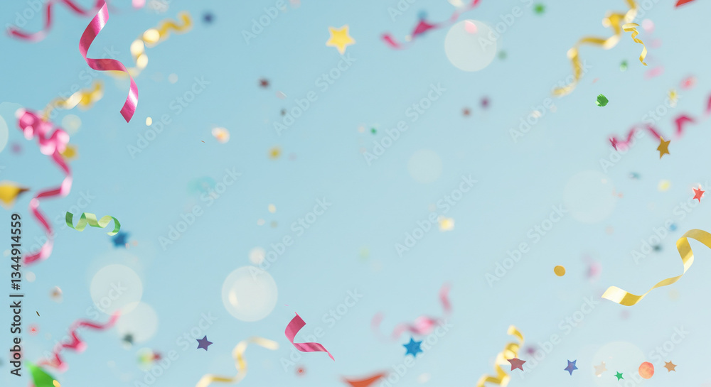 Festive Party Background with Colorful Confetti and Streamers on Blue Sky Festive Party Background with Colorful Confetti and Streamers on Blue Sky