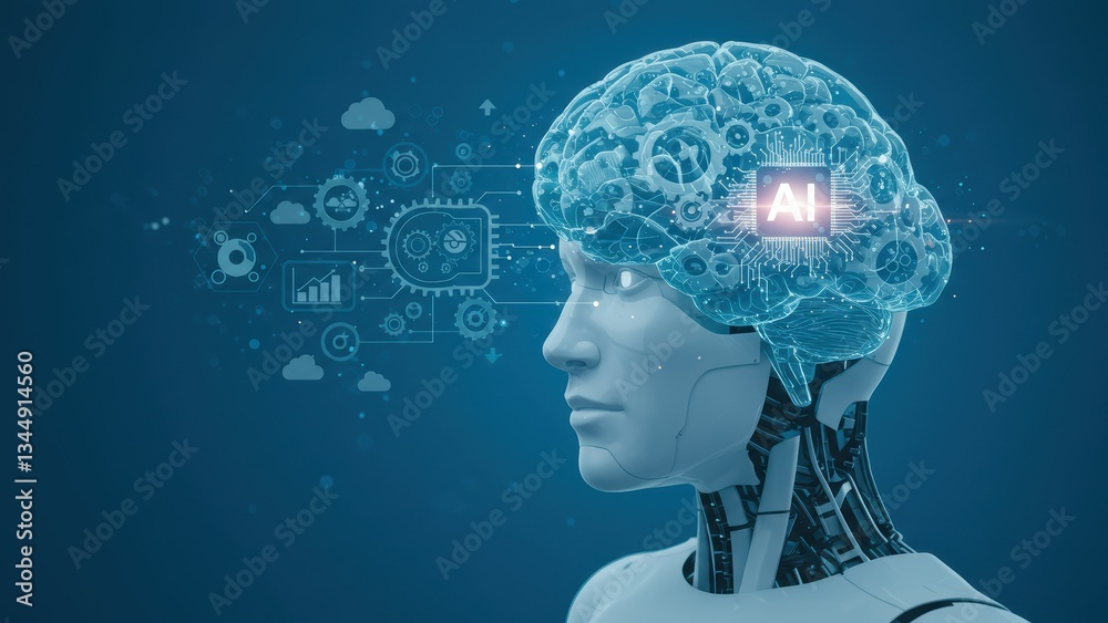 Obraz premium Robot with digital brain representing AI and artificial intelligence concept Features data visualization elements and futuristic design themes
