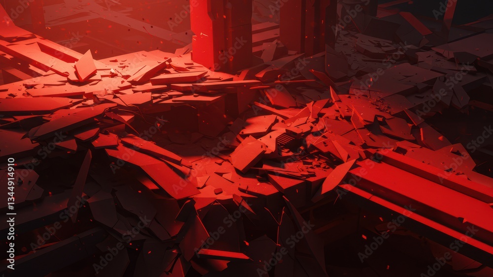 Naklejka premium Abstract debris and shattered materials illuminated by red lighting create a chaotic digital landscape Conceptual art reflects themes of destruction and creativity