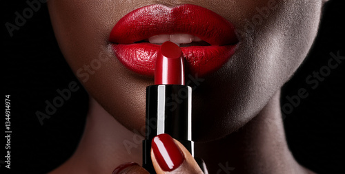Unos labios de mujer negra pintados de rojo tentación con un lápiz labial en la mano