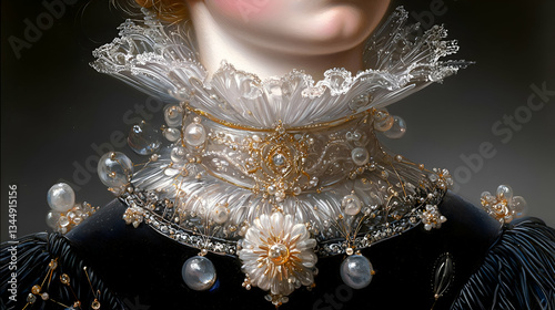 Intricate Historical Neckpiece Embellished with Pearls and Gold Detailing on a regal Figure