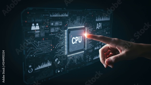 Wallpaper Mural Close up of a hand touching a CPU on a digital interface Represents technology, API, and data processing in a futuristic context Innovates in computing Torontodigital.ca